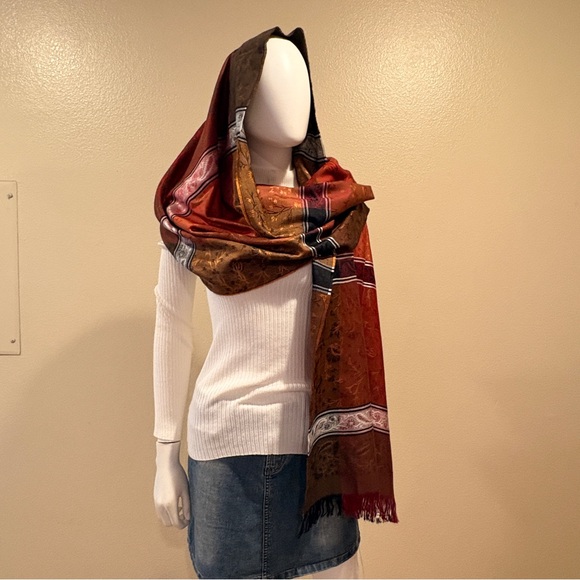 Silky Scarf Wrap Shawl Earthy Warm Tones Brown Burgundy Made In France Luxury - Picture 7 of 12